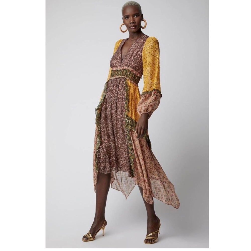 Ulla Johnson Yellow and Brown Long Sleeve Dress